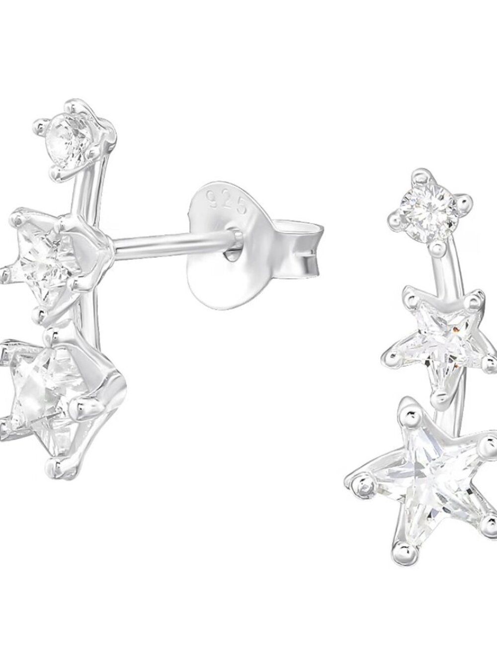 Sterling Silver Triple Star CZ Crawler Stud Earrings (Stamped)
